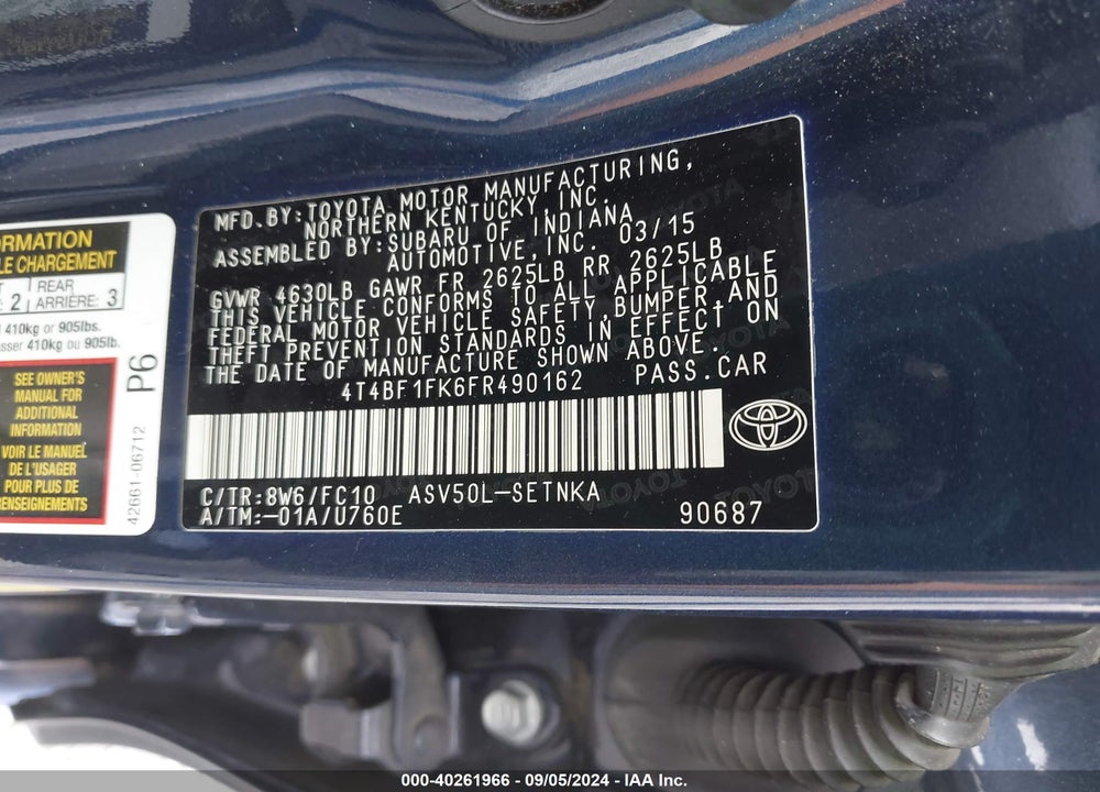 2015 TOYOTA CAMRY LE VIN: 4T4BF1FK6FR490162