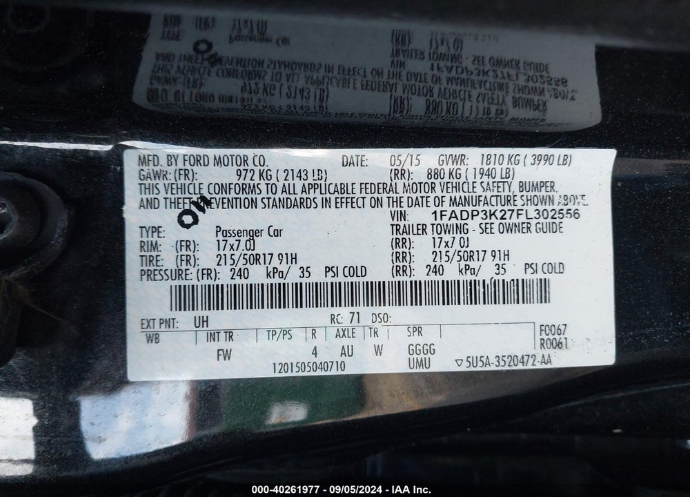 2015 FORD FOCUS SE VIN: 1FADP3K27FL302556