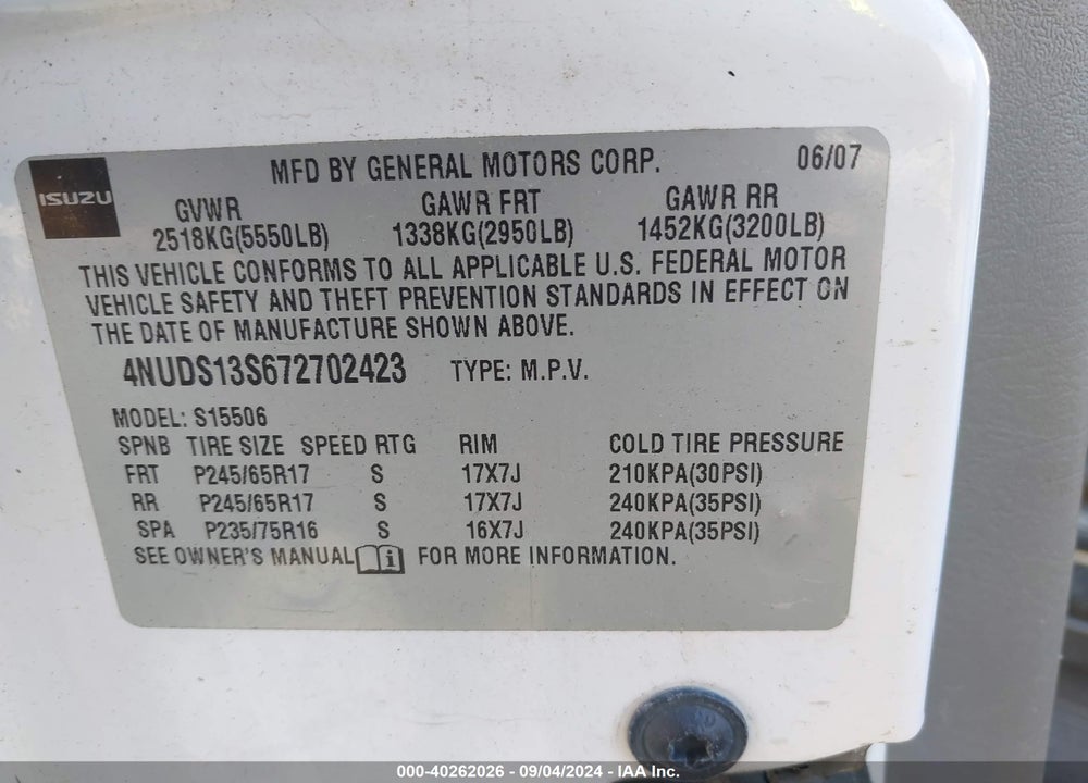 2007 ISUZU ASCENDER S VIN: 4NUDS13S672702423