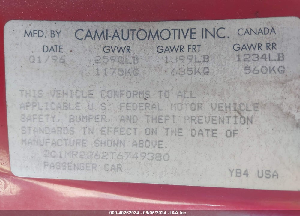 1996 GEO METRO LSI VIN: 2C1MR2262T6749380