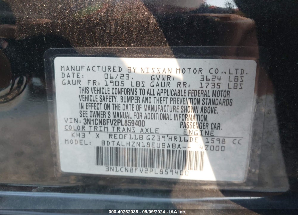 2023 NISSAN VERSA 1.6 SR XTRONIC CVT VIN: 3N1CN8FV2PL859400
