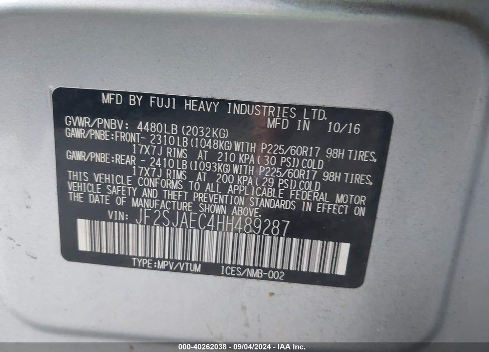 2017 SUBARU FORESTER 2.5I PREMIUM VIN: JF2SJAEC4HH489287