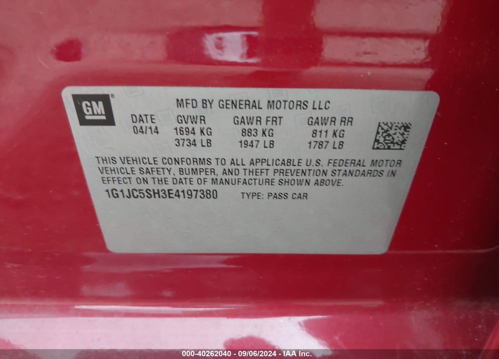 2014 CHEVROLET SONIC LT AUTO VIN: 1G1JC5SH3E4197380