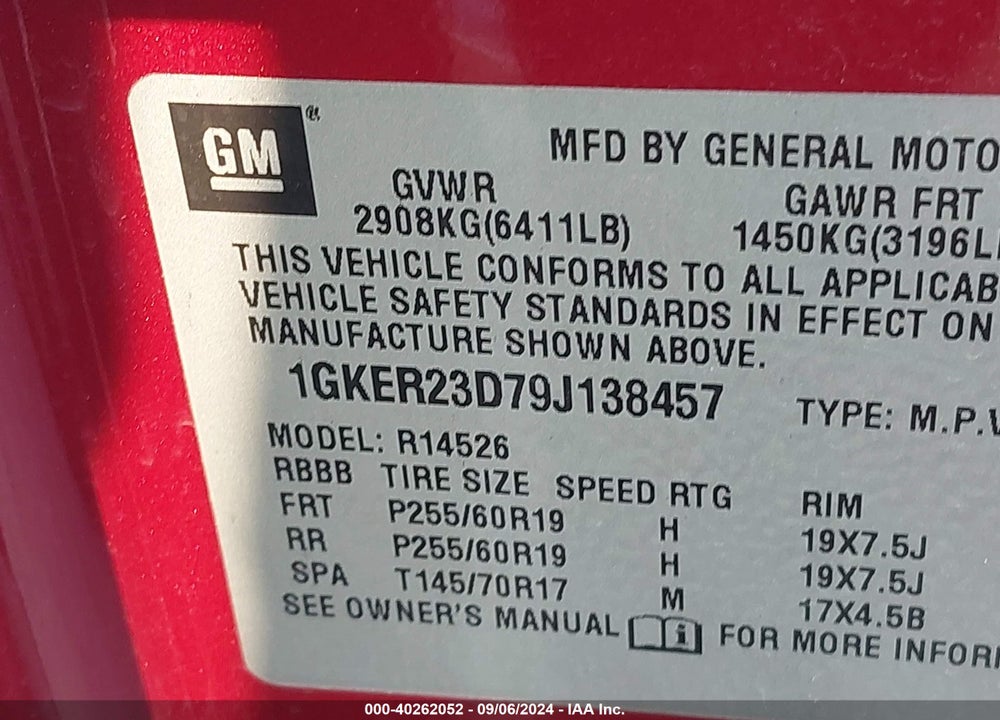 2009 GMC ACADIA SLT-1 VIN: 1GKER23D79J138457