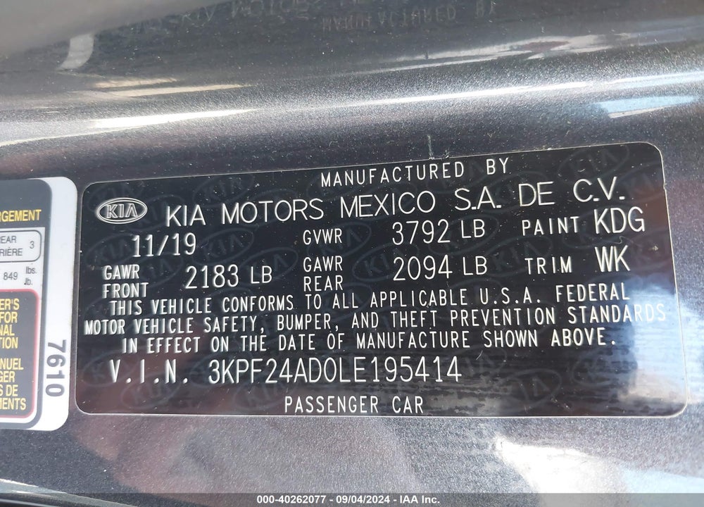 2020 KIA FORTE LXS VIN: 3KPF24AD0LE195414