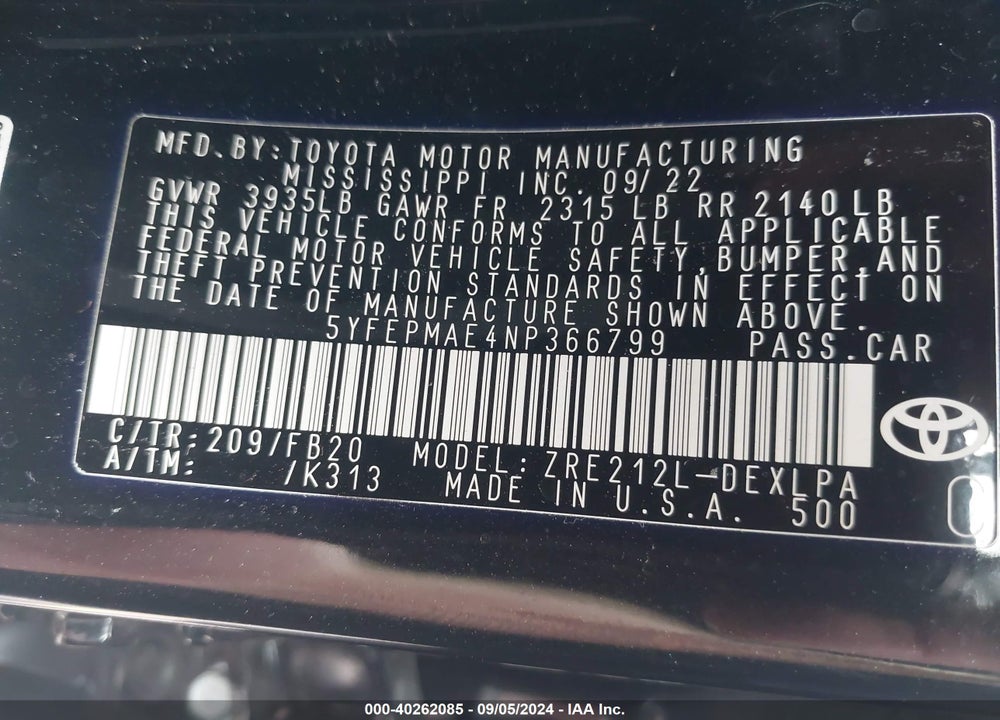 2022 TOYOTA COROLLA LE VIN: 5YFEPMAE4NP366799