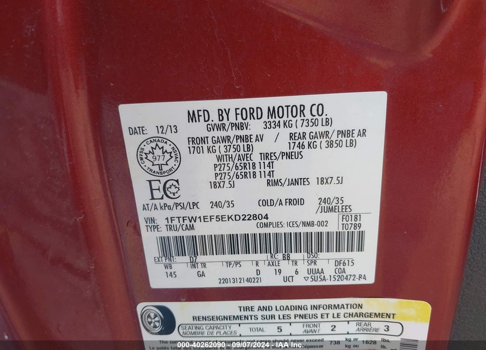 2014 FORD F-150 XLT VIN: 1FTFW1EF5EKD22804