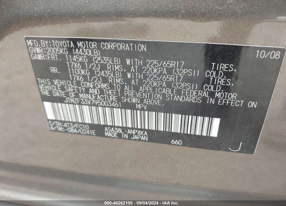 2009 TOYOTA RAV4 VIN: JTMZF33V795003461