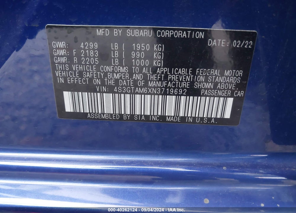 2022 SUBARU IMPREZA SPORT 5-DOOR VIN: 4S3GTAM6XN3719692