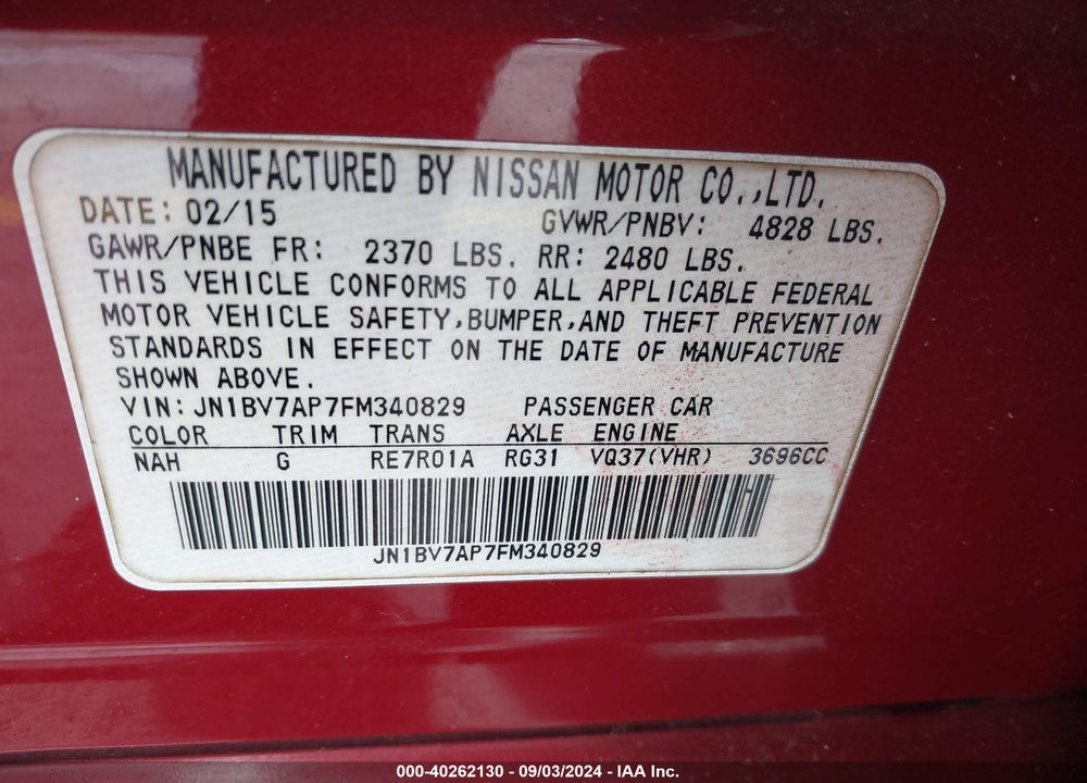 2015 INFINITI Q50 PREMIUM VIN: JN1BV7AP7FM340829