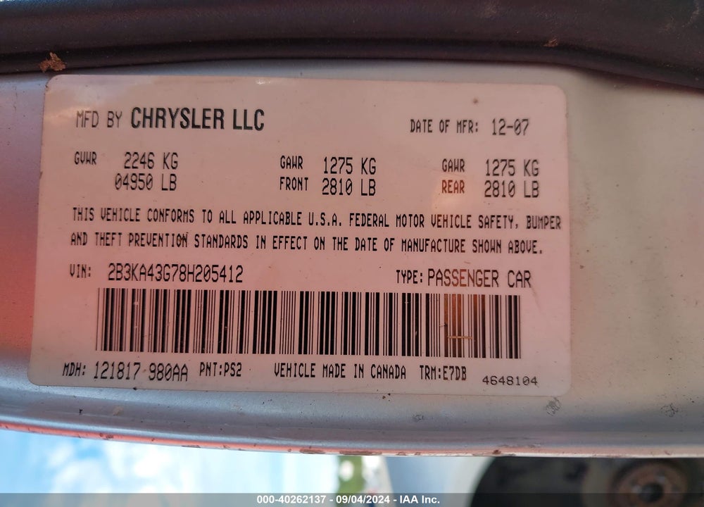 2008 DODGE CHARGER VIN: 2B3KA43G78H205412