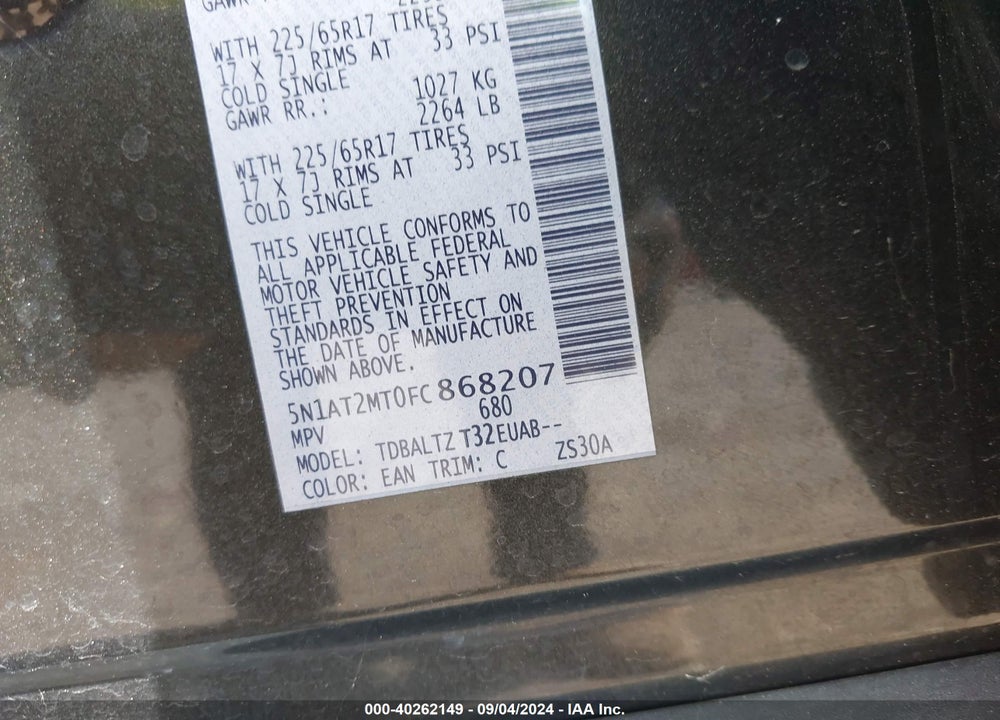 2015 NISSAN ROGUE SV VIN: 5N1AT2MT0FC868207