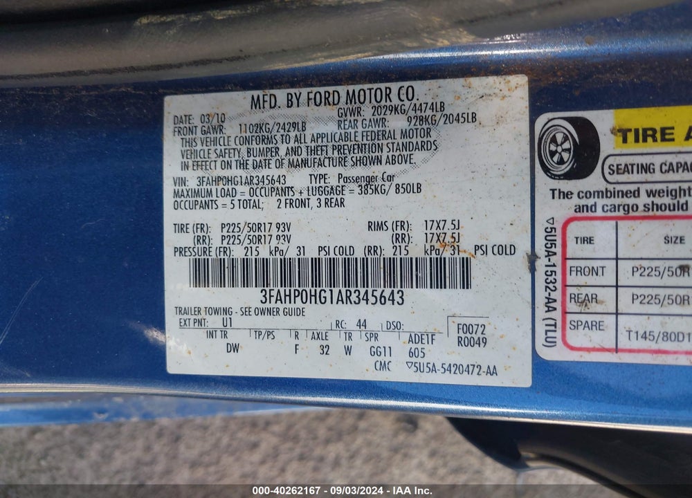 2010 FORD FUSION SE VIN: 3FAHP0HG1AR345643