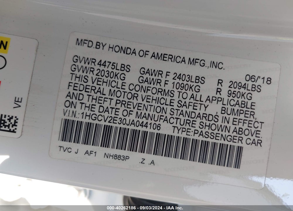 2018 HONDA ACCORD SPORT 2.0T VIN: 1HGCV2E30JA044106