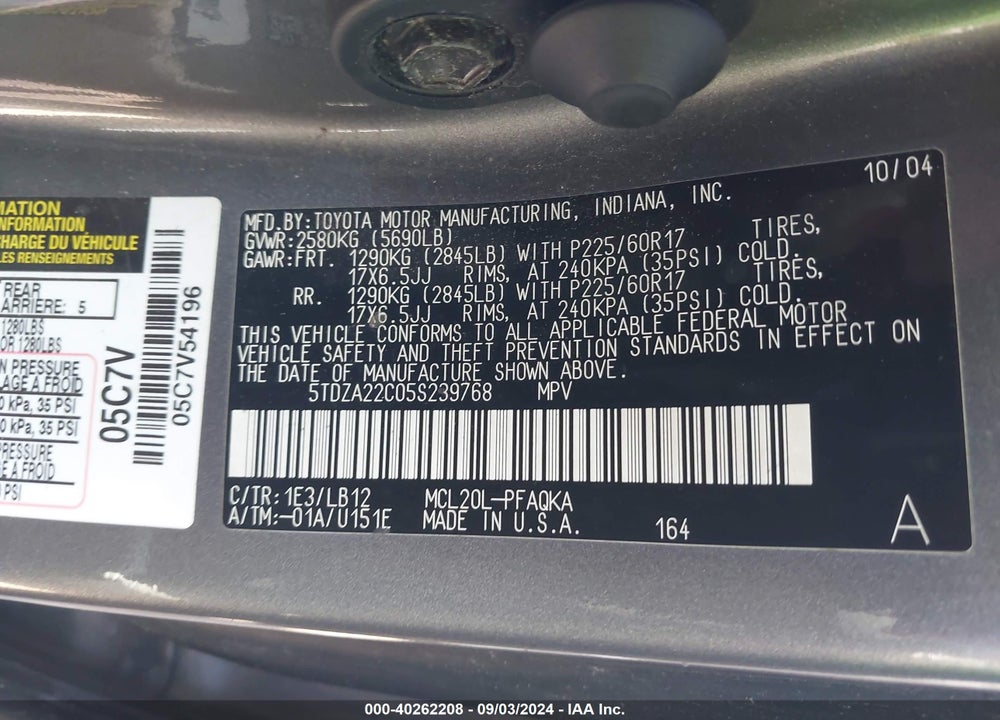 2005 TOYOTA SIENNA XLE LIMITED VIN: 5TDZA22C05S239768