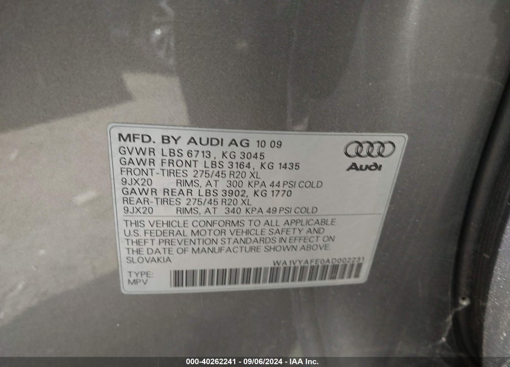 2010 AUDI Q7 3.6 PREMIUM VIN: WA1VYAFE0AD002231