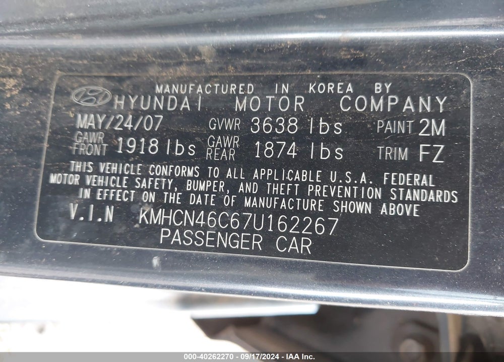 2007 HYUNDAI ACCENT GLS VIN: KMHCN46C67U162267