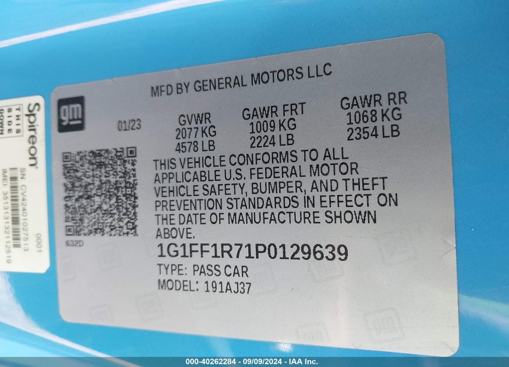 2023 CHEVROLET CAMARO VIN: 1G1FF1R71P0129639