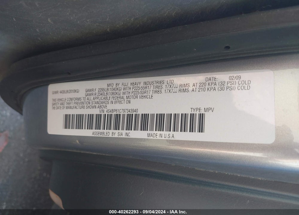 2009 SUBARU OUTBACK 2.5I VIN: 4S4BP61C797343940