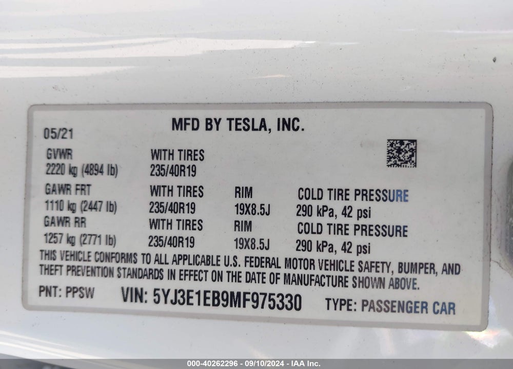 2021 TESLA MODEL 3 LONG RANGE DUAL MOTOR ALL-WHEEL DRIVE VIN: 5YJ3E1EB9MF975330