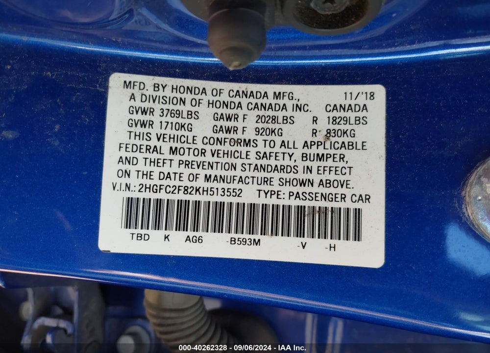 2019 HONDA CIVIC SPORT VIN: 2HGFC2F82KH513552