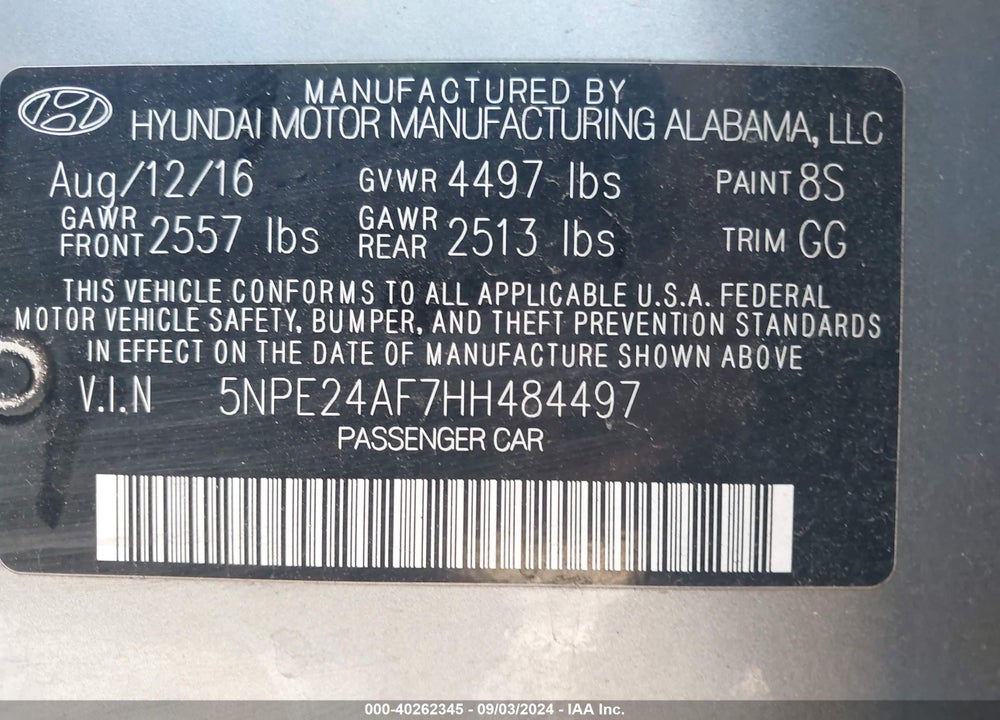 2017 HYUNDAI SONATA VIN: 5NPE24AF7HH484497