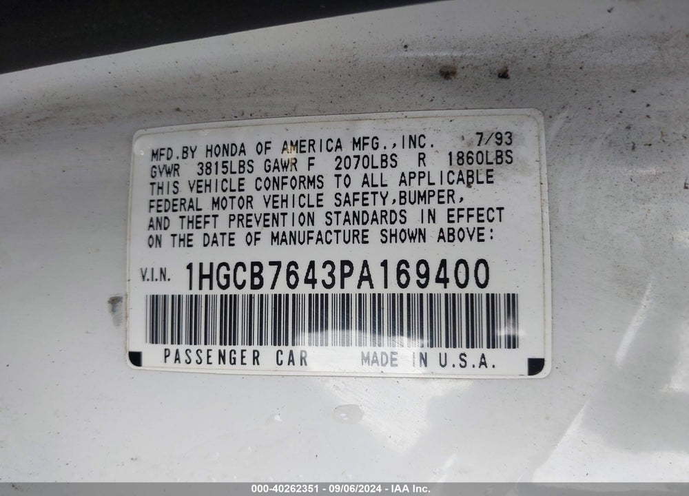 1993 HONDA ACCORD DX VIN: 1HGCB7643PA169400