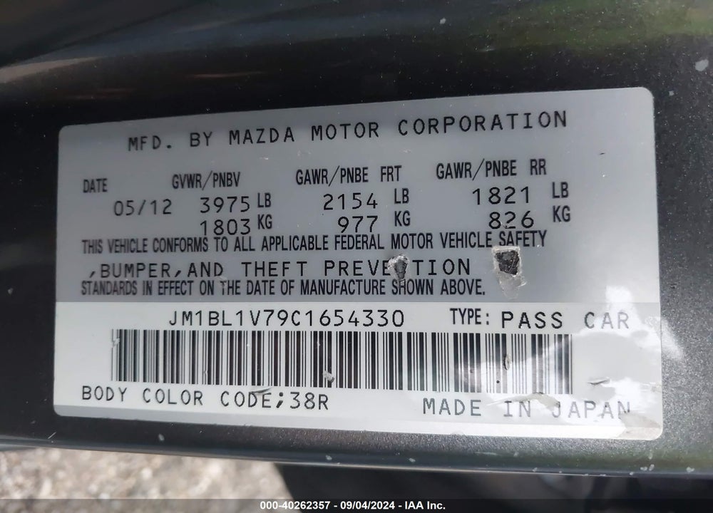 2012 MAZDA MAZDA3 VIN: JM1BL1V79C1654330