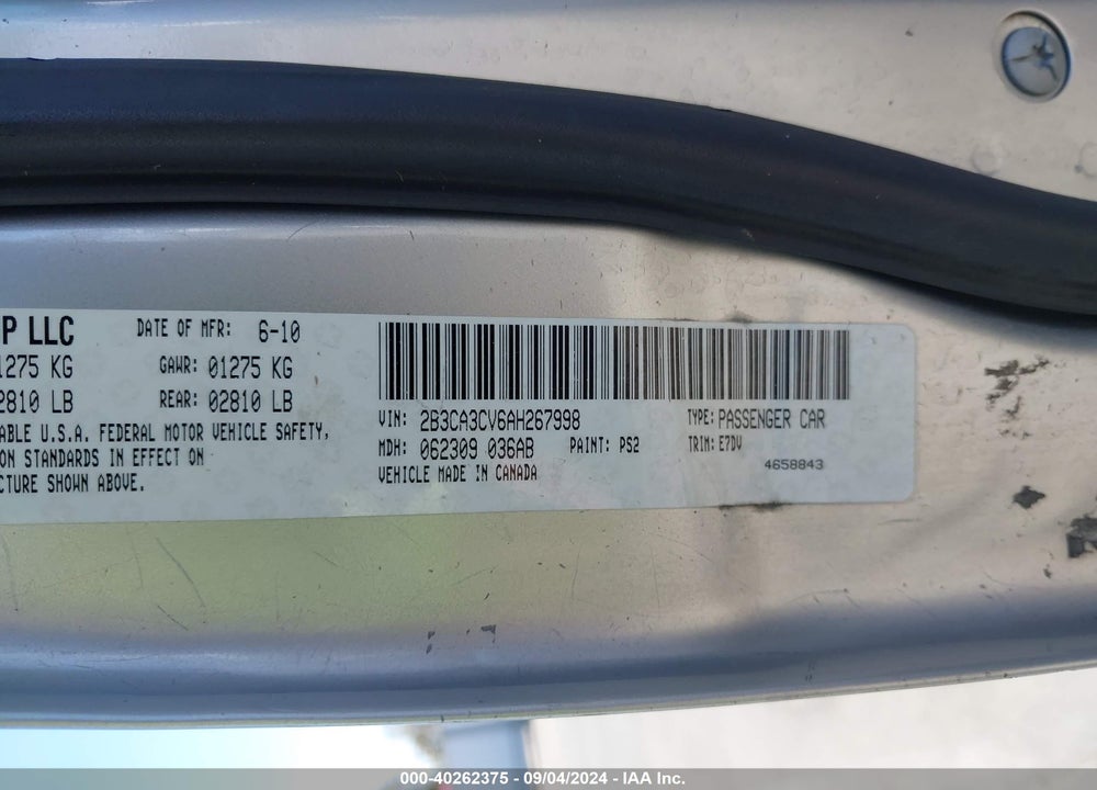 2010 DODGE CHARGER SXT VIN: 2B3CA3CV6AH267998