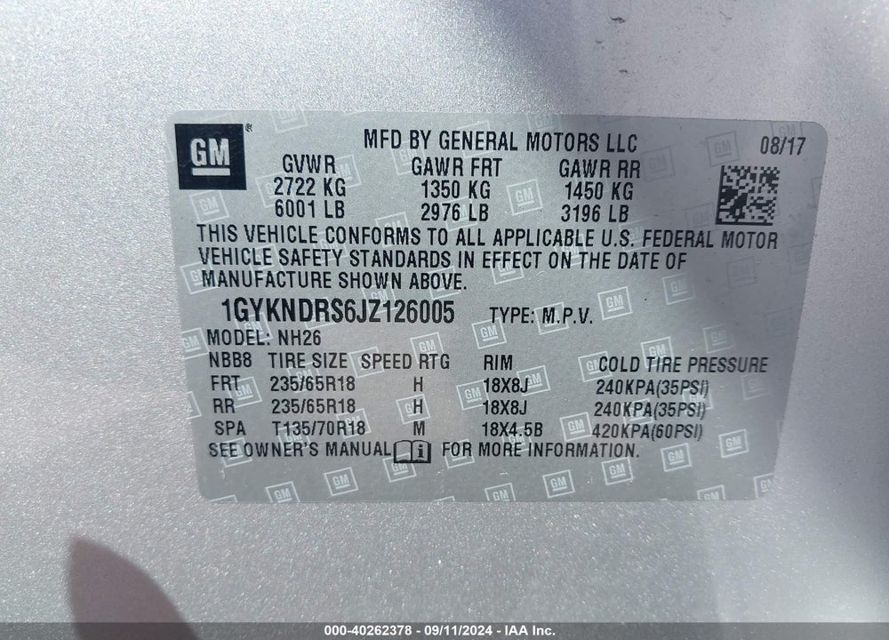 2018 CADILLAC XT5 LUXURY VIN: 1GYKNDRS6JZ126005