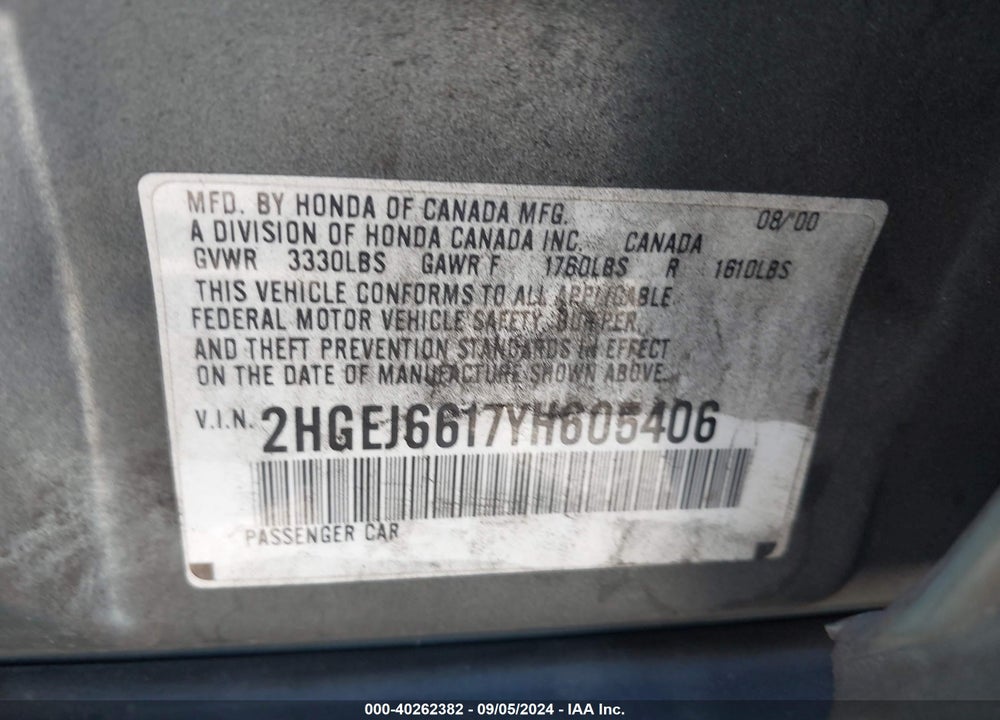 2000 HONDA CIVIC VALUE PACKAGE VIN: 2HGEJ6617YH605406