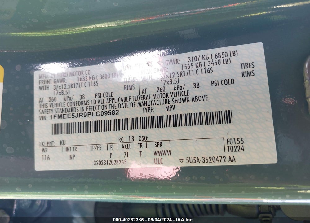 2023 FORD BRONCO VIN: 1FMEE5JR9PLC09582