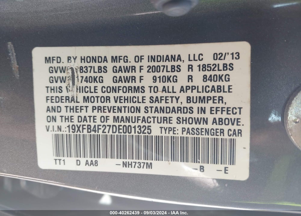 2013 HONDA CIVIC HYBRID VIN: 19XFB4F27DE001325