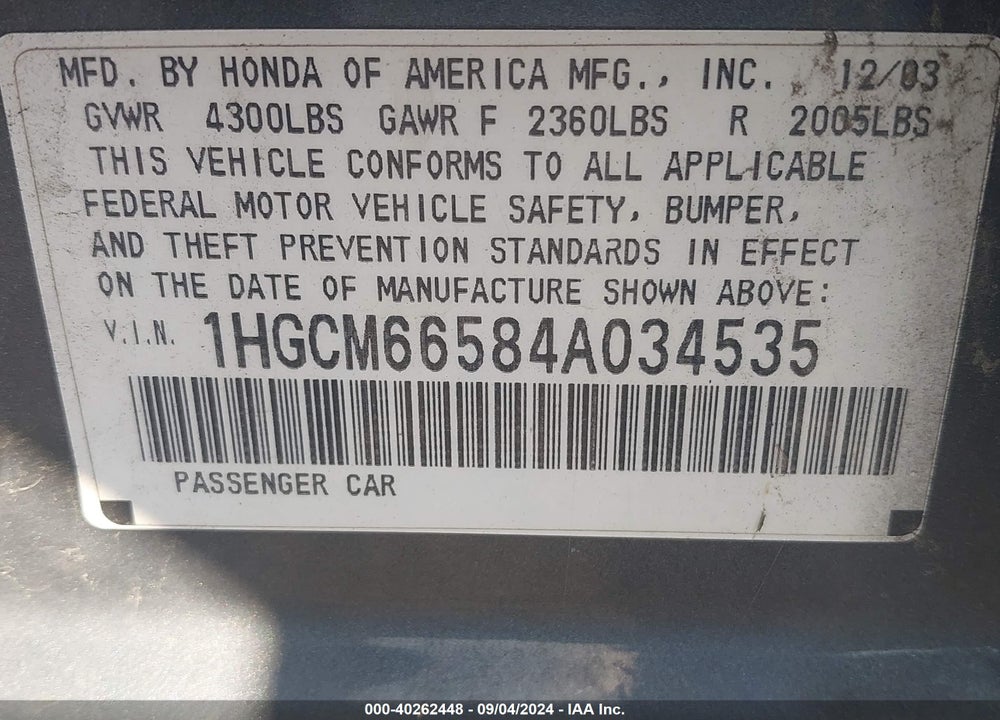 2004 HONDA ACCORD VIN: 1HGCM66584A034535
