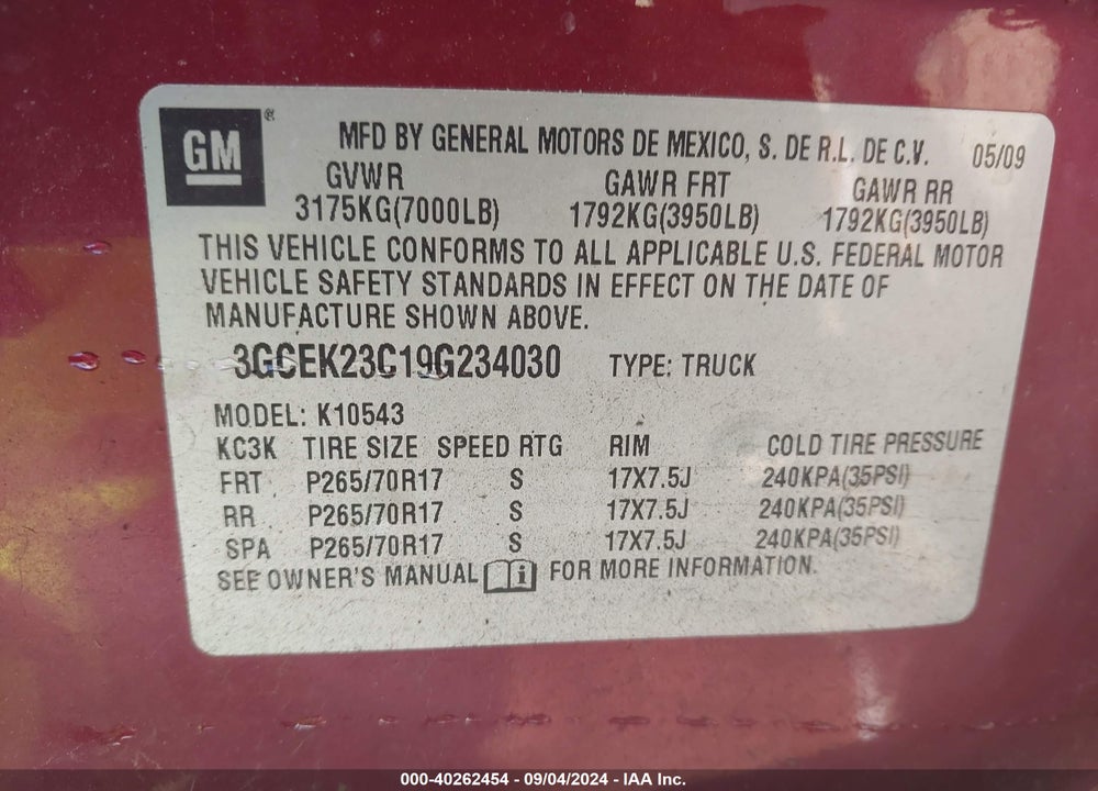 2009 CHEVROLET SILVERADO 1500 LT VIN: 3GCEK23C19G234030