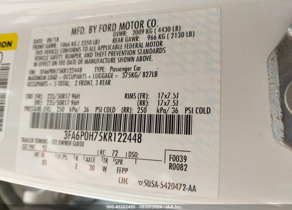 2019 FORD FUSION SE VIN: 3FA6P0H75KR122448
