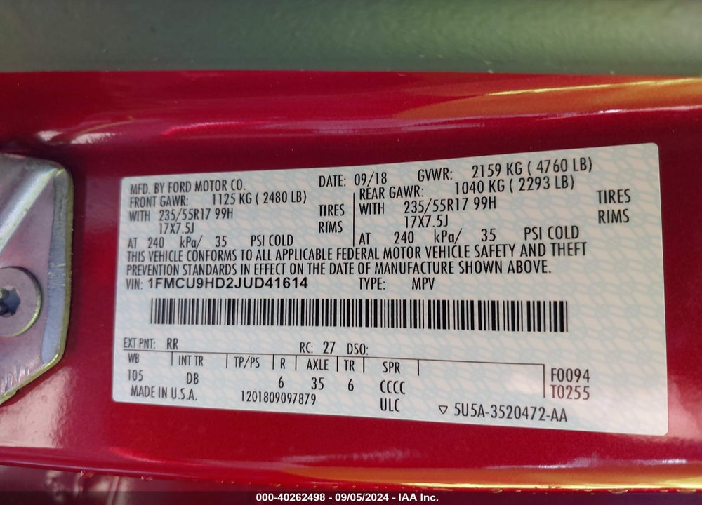 2018 FORD ESCAPE SEL VIN: 1FMCU9HD2JUD41614
