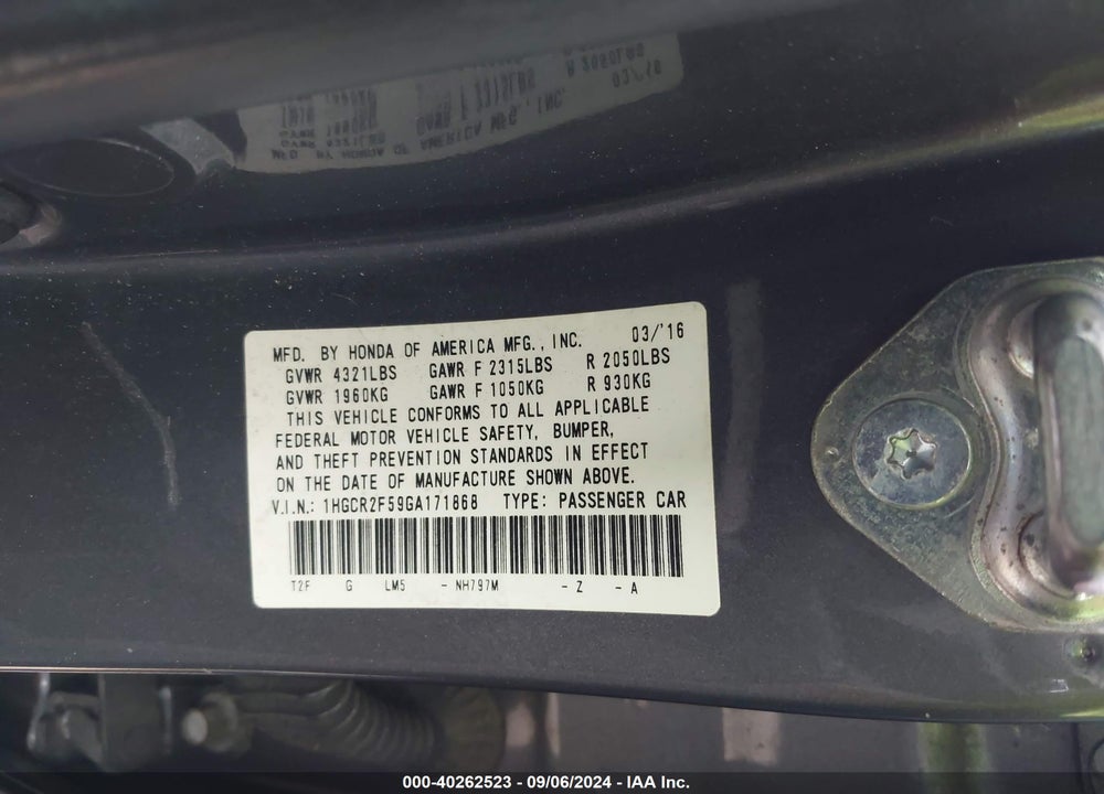 2016 HONDA ACCORD SPORT VIN: 1HGCR2F59GA171868