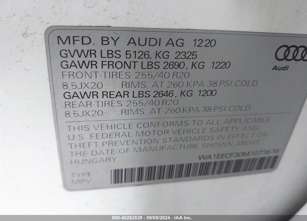 2021 AUDI Q3 PREMIUM PLUS 45 TFSI S LINE QUATTRO TIPTRONIC VIN: WA1EECF30M1073678