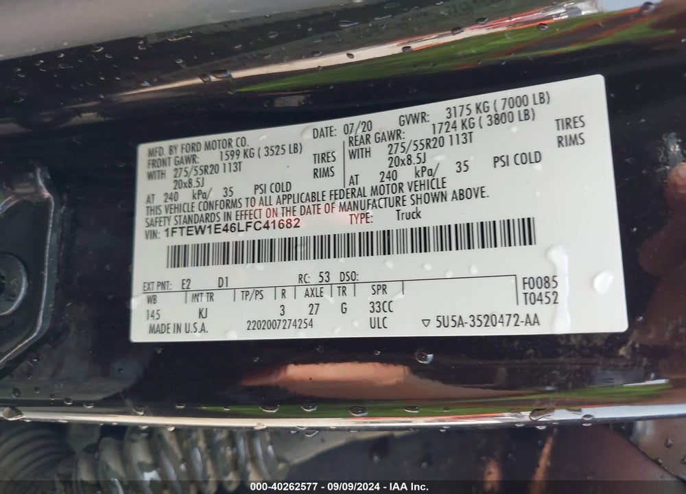 2020 FORD F-150 KING RANCH VIN: 1FTEW1E46LFC41682