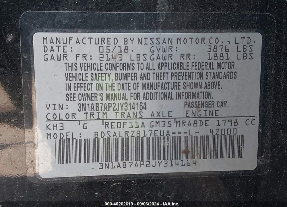 2018 NISSAN SENTRA SR VIN: 3N1AB7AP2JY314164