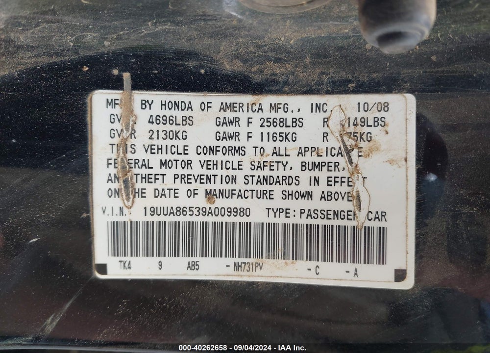 2009 ACURA TL VIN: 19UUA86539A009980