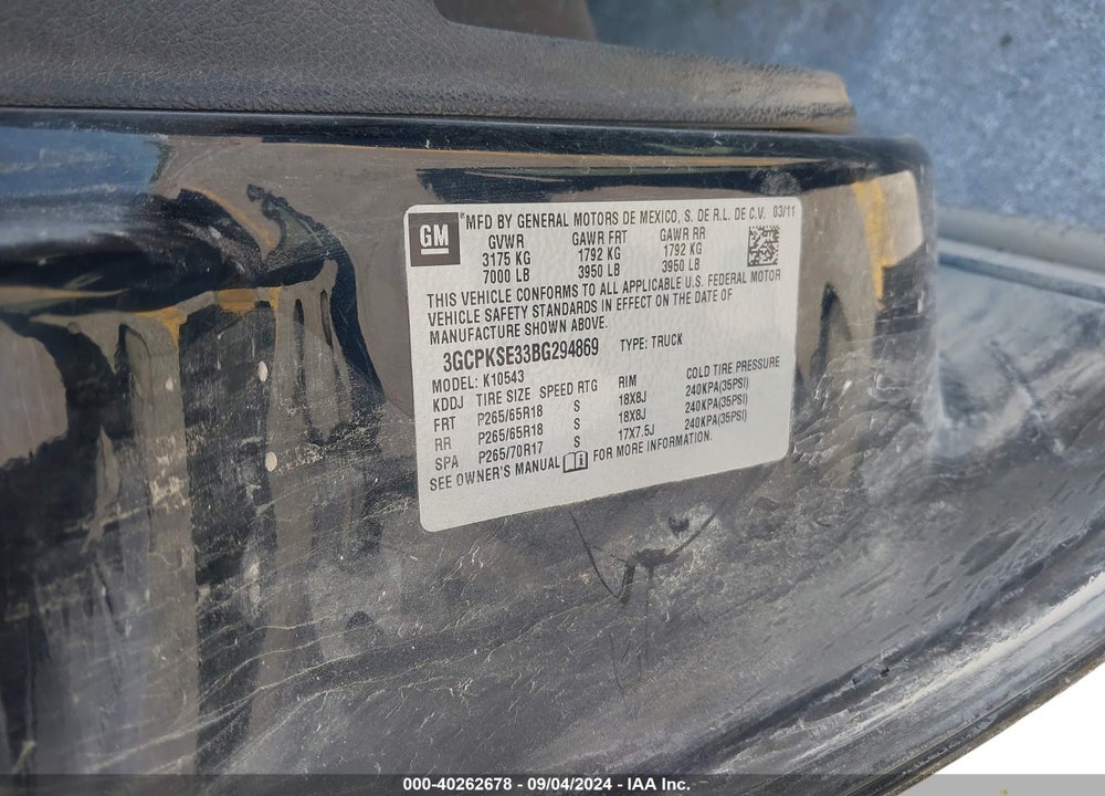 2011 CHEVROLET SILVERADO 1500 LT VIN: 3GCPKSE33BG294869