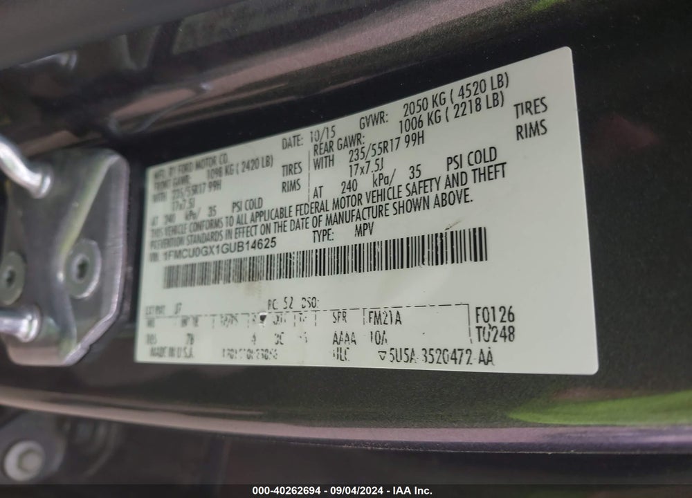 2016 FORD ESCAPE VIN: 1FMCU0GX1GUB14625