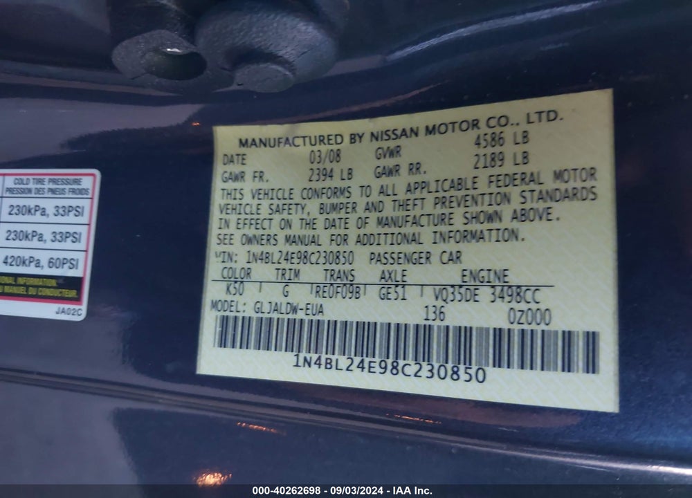2008 NISSAN ALTIMA 3.5 SE VIN: 1N4BL24E98C230850