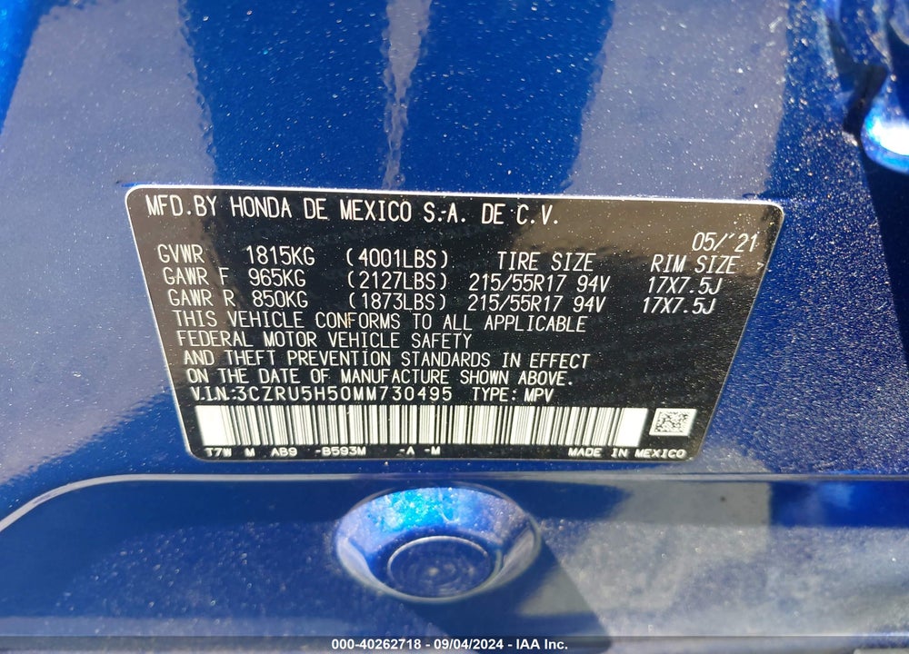 2021 HONDA HR-V 2WD EX VIN: 3CZRU5H50MM730495