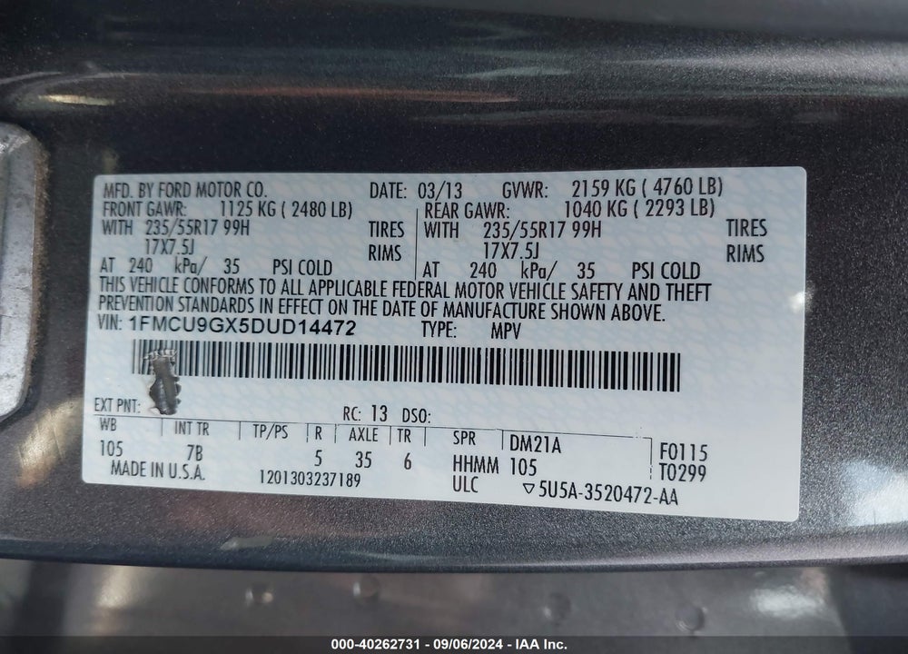 2013 FORD ESCAPE SE VIN: 1FMCU9GX5DUD14472