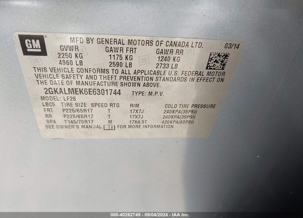 2014 GMC TERRAIN SLE-1 VIN: 2GKALMEK6E6301744