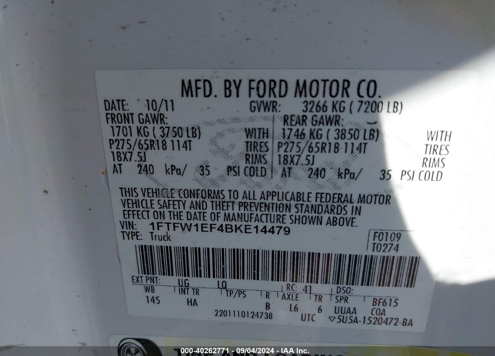 2011 FORD F-150 LARIAT VIN: 1FTFW1EF4BKE14479
