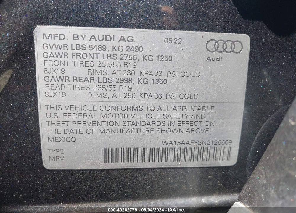 2022 AUDI Q5 SPORTBACK PREMIUM PLUS 45 TFSI S LINE QUATTRO S TRONIC VIN: WA15AAFY3N2126669
